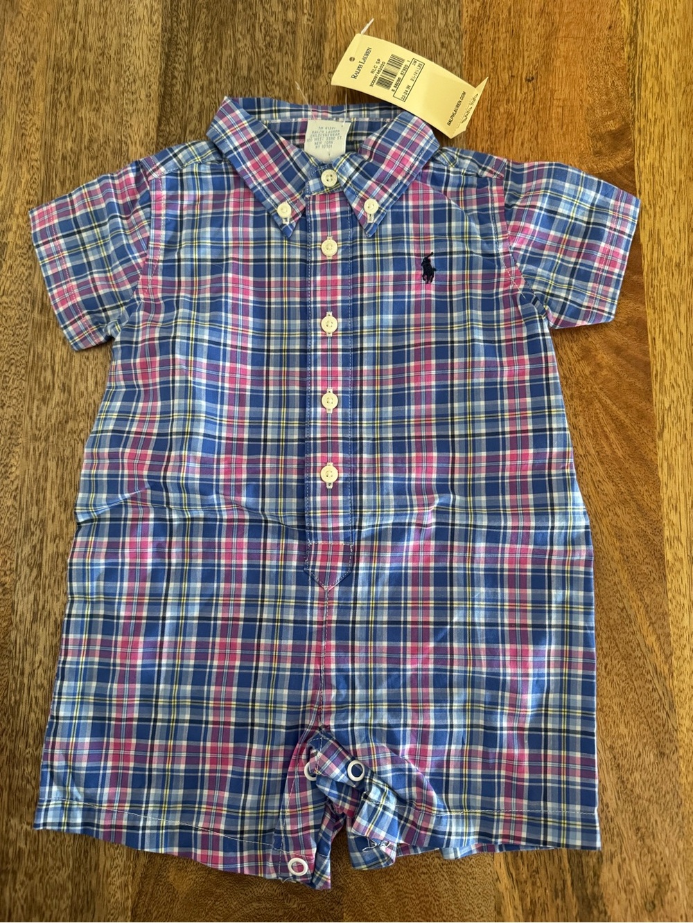 Ralph Lauren Blue and Pink Plaid Button-Front Short Romper 3 months NWT